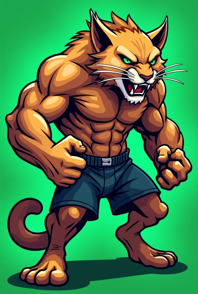 Cartoon animation of an angry and angry muscular puma, very strong, without clothes or without a uniform, used for university athletics with a green background, university mascot