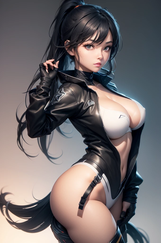 Eve, stellar blade, 8k,highres, 1girl, front lighting, simple background, gray background, looking at the viewer, jacket, bodysuit, black hair and dark black hair, fringe, hair tied in ponytail style, video game, heels, ps5, gloves, ass, boobs, honey colored eyes, white skin,
