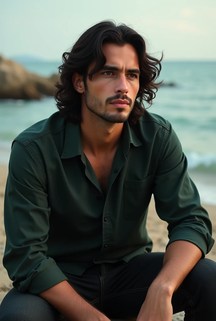 A man of medium height with long wavy hair down to the coast wearing a dark green shirt and black jeans with a calm look, his eyes are dark brown and his mouth is well drawn sitting on a bench