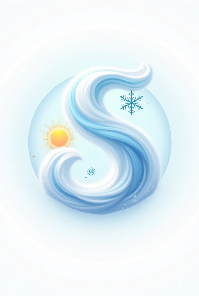 A letra "S" that starts from top to bottom in white and ends in light blue. On its upper right side is a light blue snowflake and on its lower left side is a sun.. And a light blue circle outlining all the elements.