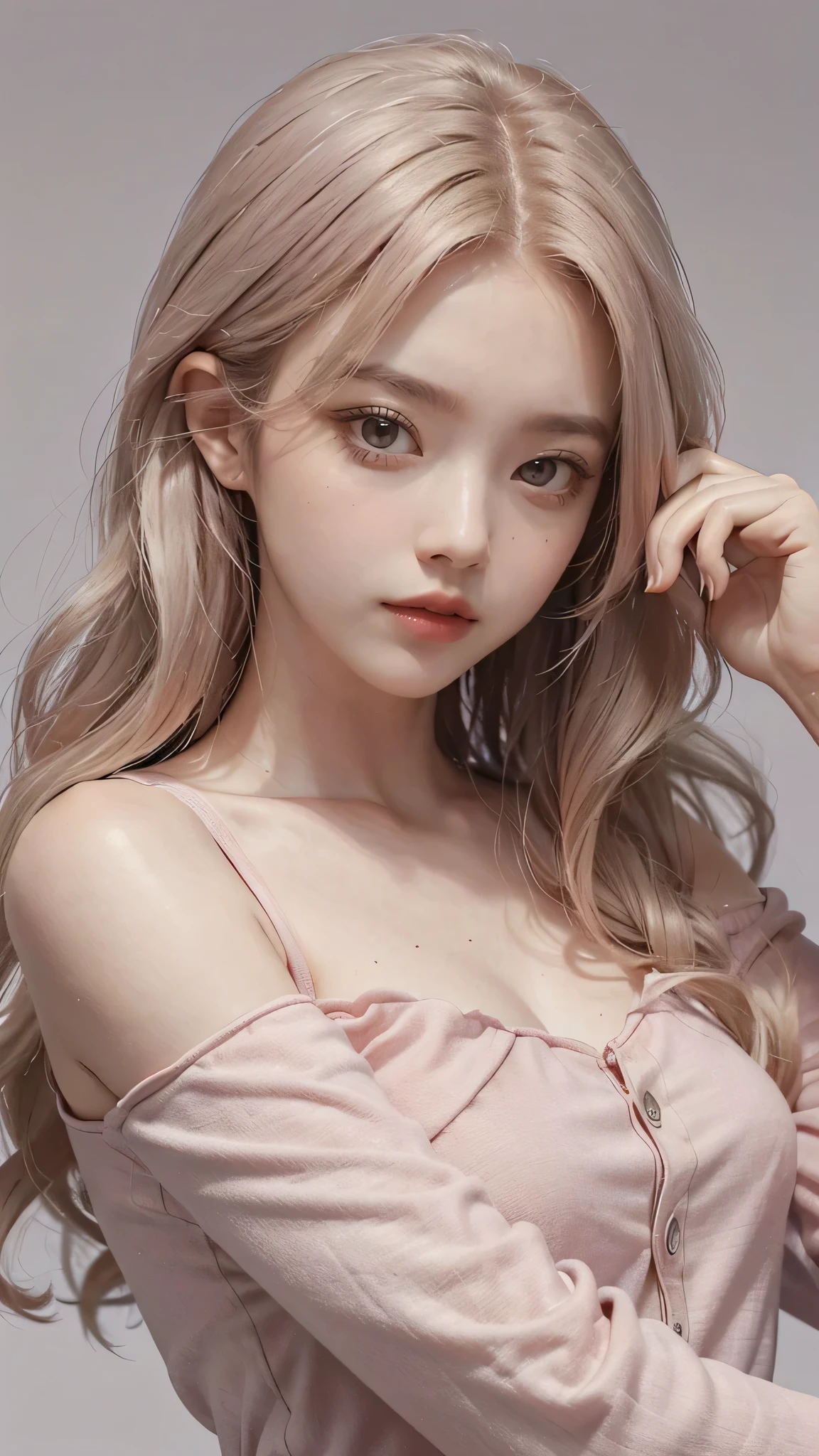 Girl wearing, luxury pink  coat, shoulder length hair, wavy hair, glowing skin, star in eye, red lips, grey  background, cute poses , upper body, light blonde hair .