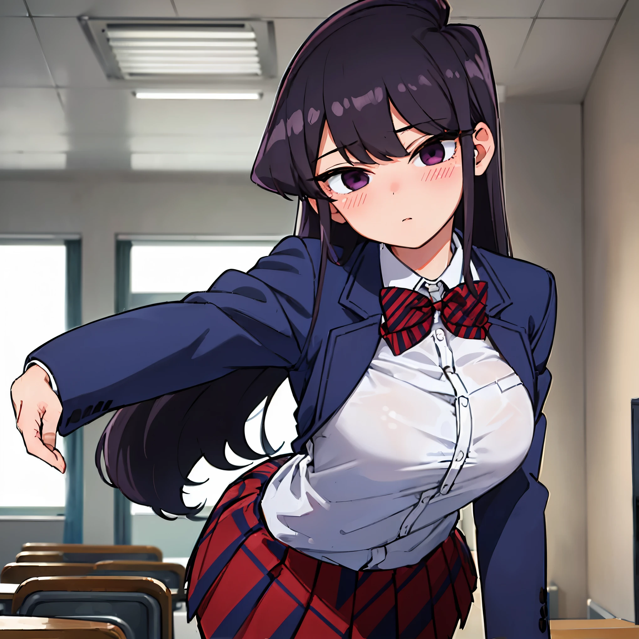 ((1girl)),((alone)),komi shouko,(masterpiece), (best quality), (ultra detailed), (best illustration), (best shadow), (absurdities), sharp focus, cowboy shot ,dynamic pose looking at viewer, big breasts, narrow waist, wide hips, medium thighs, round butt, dynamic posture, long hair, black hair, purple eyes, , black pantyhose, jacket, blue jacket, open jacket, blush, bow , bow tie, closed mouth, collared shirt, custom, cowboy shot, diagonal striped skirt, pleated skirt, red bow, red bow tie, red skirt, shirt, skirt, only, striped, striped bow, striped bow tie, striped skirt, swept bangs, white shirt , calm look, closed mouth, serious expression, (sexy pose: 1.2), ((alone)), standing: 1.3, indoor, school, classroom, desks, desk, window, dusk, looking forward , ((focus on hips), point of view (from below), red blush, perfect anatomy, perfect hands.