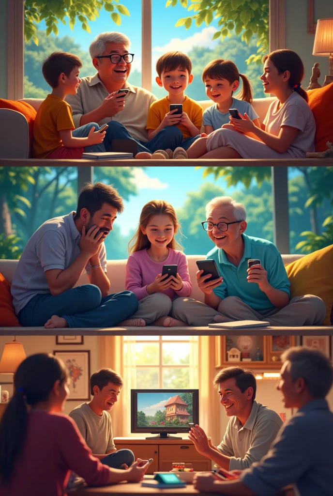 Indication : "People of different ages enjoy television content on different devices and in different environments: a living room, a park and a cafe. They smile and are immersed in what they are seeing.".