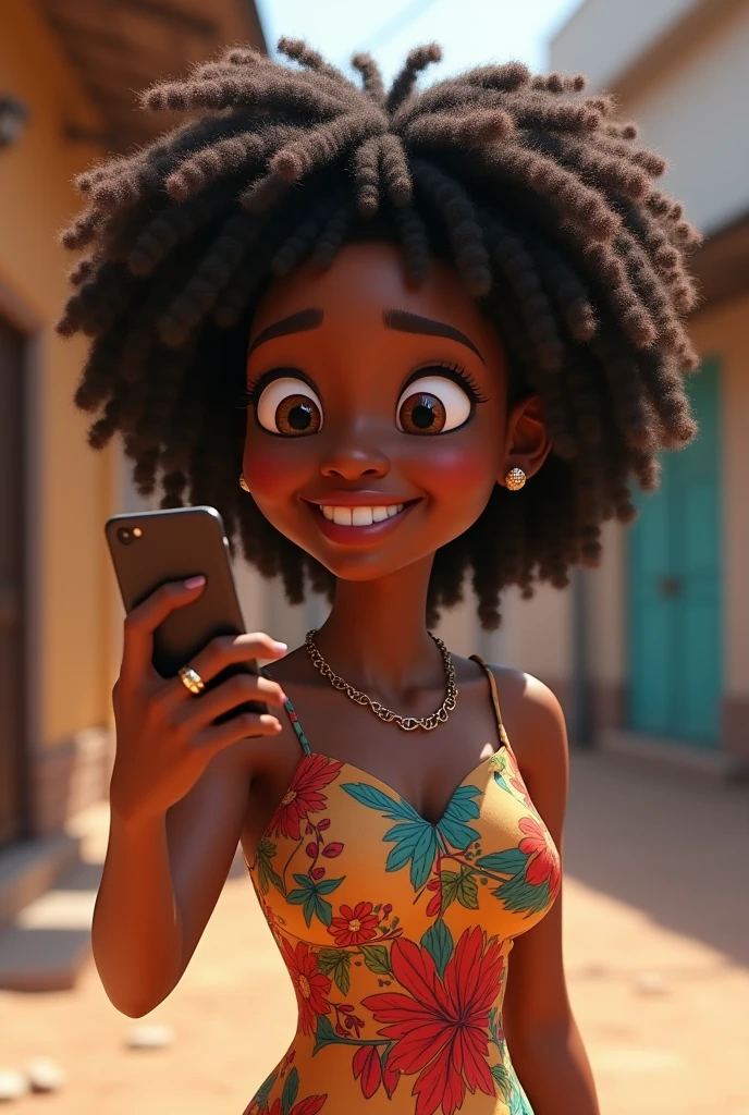 young woman lady standing full body, features of poverty low income skin medium brown tone large breasts, this woman is holding a cell phone in her hand and taking a selfie, her hair is curly, it is a type of curly, dense, very narrow spiral, woolly and frizzy hair 4c curvature and is combed back, the woman is wearing a printed dress full of colors and flowers, with a ring on the finger of her left hand and a watch on the wrist of her left arm pixar style art 3d realistic wat