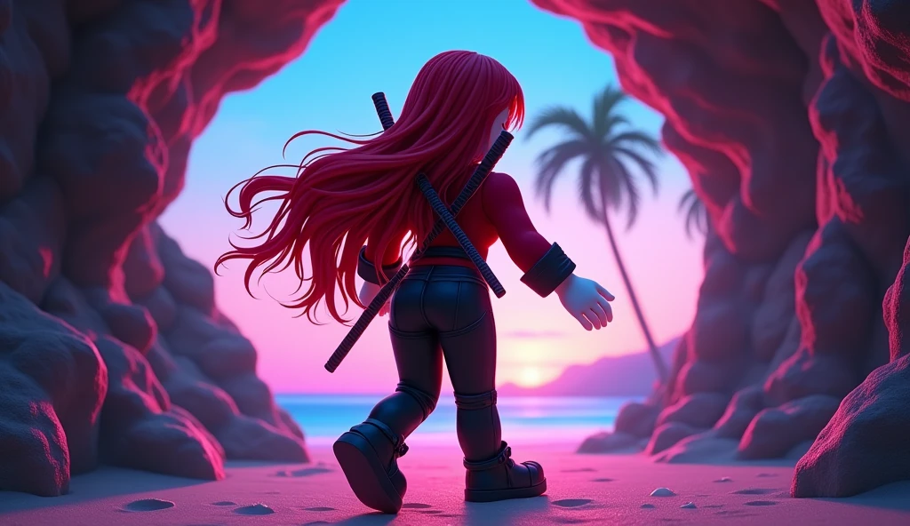 Beautiful tall square Roblox female doll, with long red hair, gothic clothes and red shirt with two katanas on the back and no lips, white skin, no mouth and beautiful body, dancing in a cave, cartoon, Vice City GTA, background of a beach in a cave