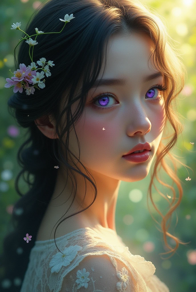 violet eyes, greens and yellows