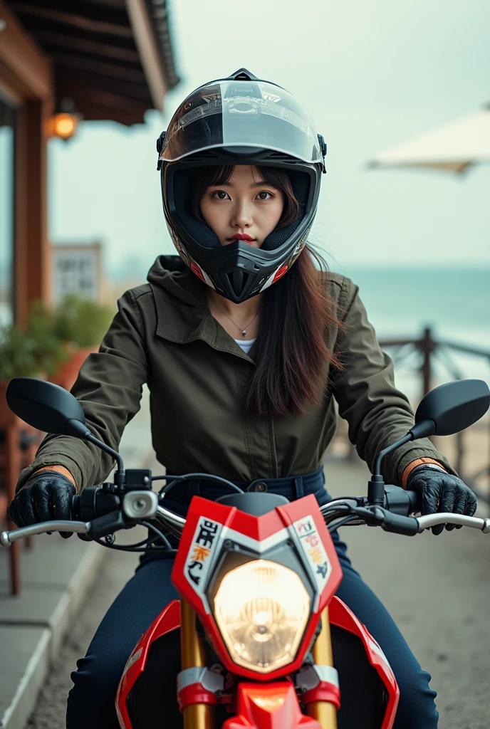realistic, cinematic scene, very beautiful Japanese high school girl, about to Ride on a off-road motorcycle, in front of a trendy seaside cafe, dramatic scene, masterpiece, (face focus:1.3), clear helmet visor, beautiful eyes, Honda CRF250L off-road bike, Shoei off-road helmet, (wearing off-road rider's outfits)