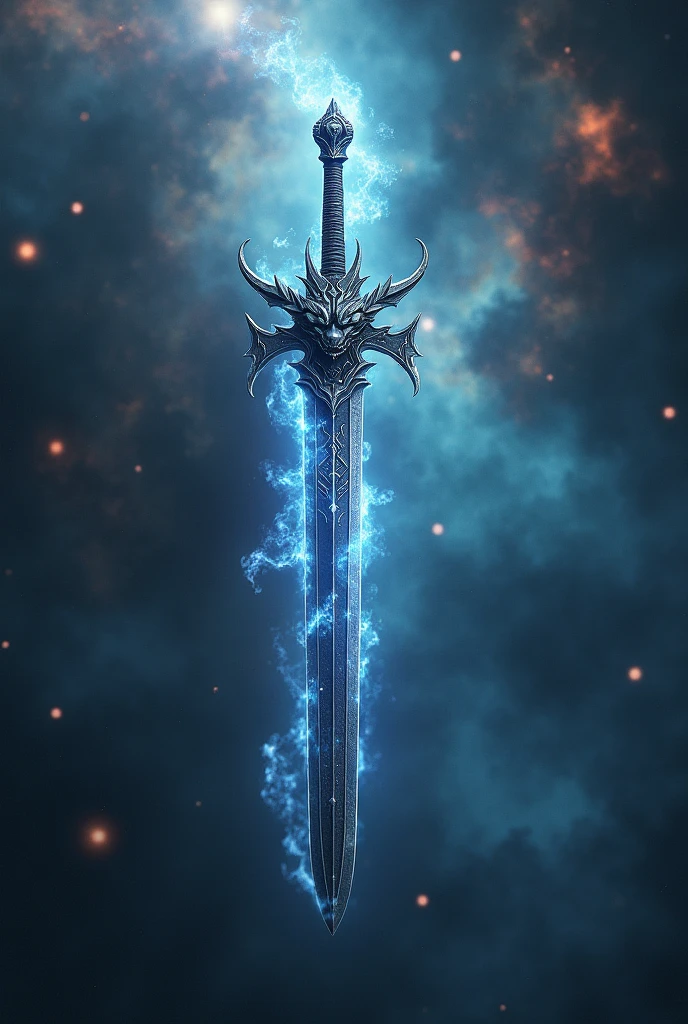 Floating Sword with a feminine dragon face which emits an aura of power with a galaxy as the background