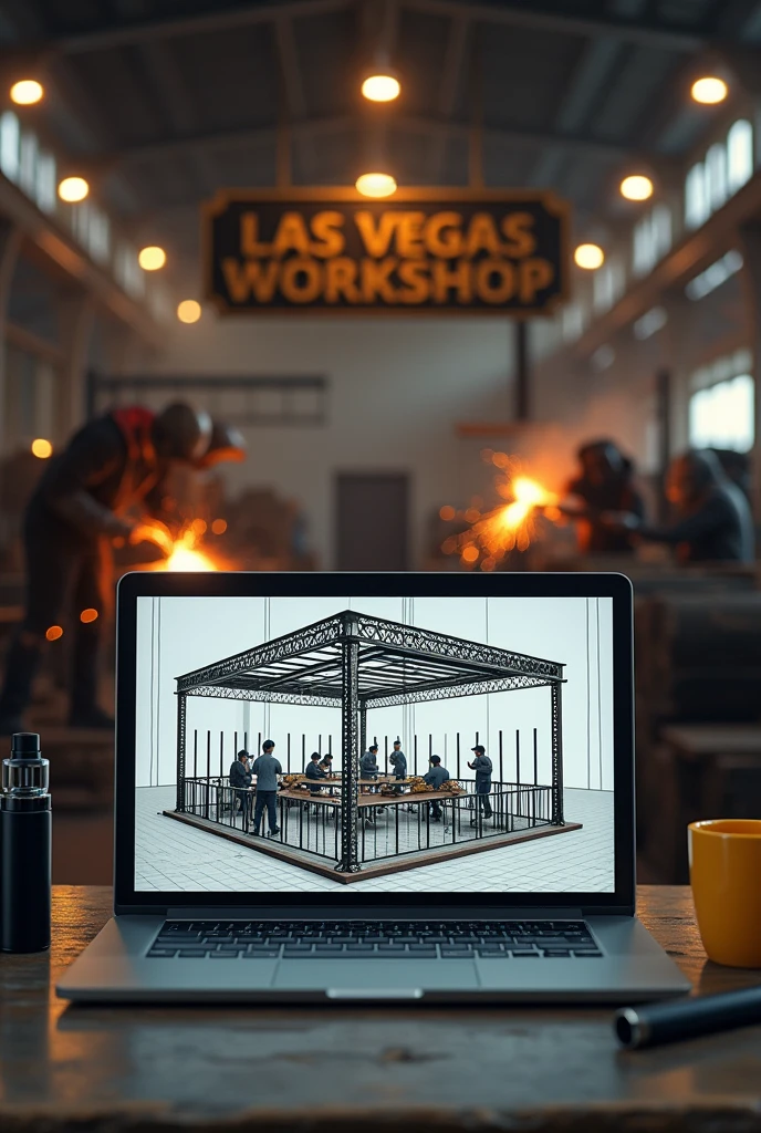 Laptop screen shot showing 3d design of iron frame cafe. Beside the laptop is a black vape the size of a finger and a yellow coffee cup.. Behind the laptop there are several welders welding iron fences and canopies in a large warehouse with lots of iron poles., there is a metal sign that says Las Vegas Workshop