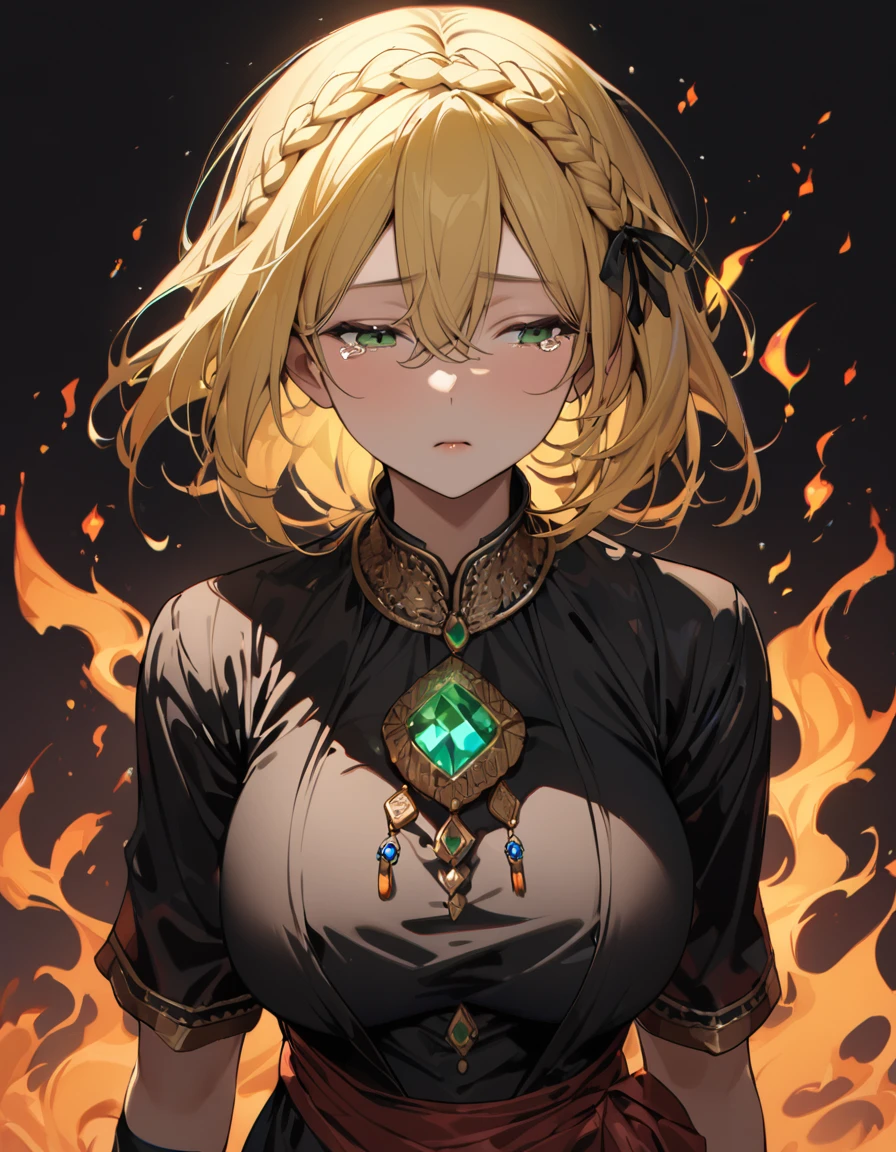 (masterpiece)、(absurdres)、(ultra detailed)、(8k),Anatomically correct,(solo woman:1.1,long yellow hair:1.1,hair between eyes,frech braid,big breast:0.9,BREAK,green eyes,(),little round sapphire pendant:0.9,(),black stripes indian costume:1.1,(),upperbody shot:1.2,looking away,looking up:1.0,half-closed eyes,Expressionless,tears,walking,Magical flames float around:1.2,simple darkness background,in the darkness:1.2,
