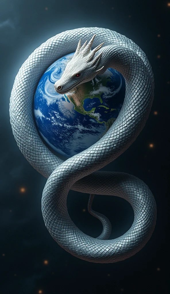 a giant snake coiled around the entire planet earth, biting its own tail, detailed silver scales, (best quality,4k,8k,highres,masterpiece:1.2),ultra-detailed,(realistic,photorealistic,photo-realistic:1.37),cinematic lighting,dramatic composition,epic fantasy,digital art,matte painting,dramatic lighting,mystical,awe-inspiring,ethereal,surreal
