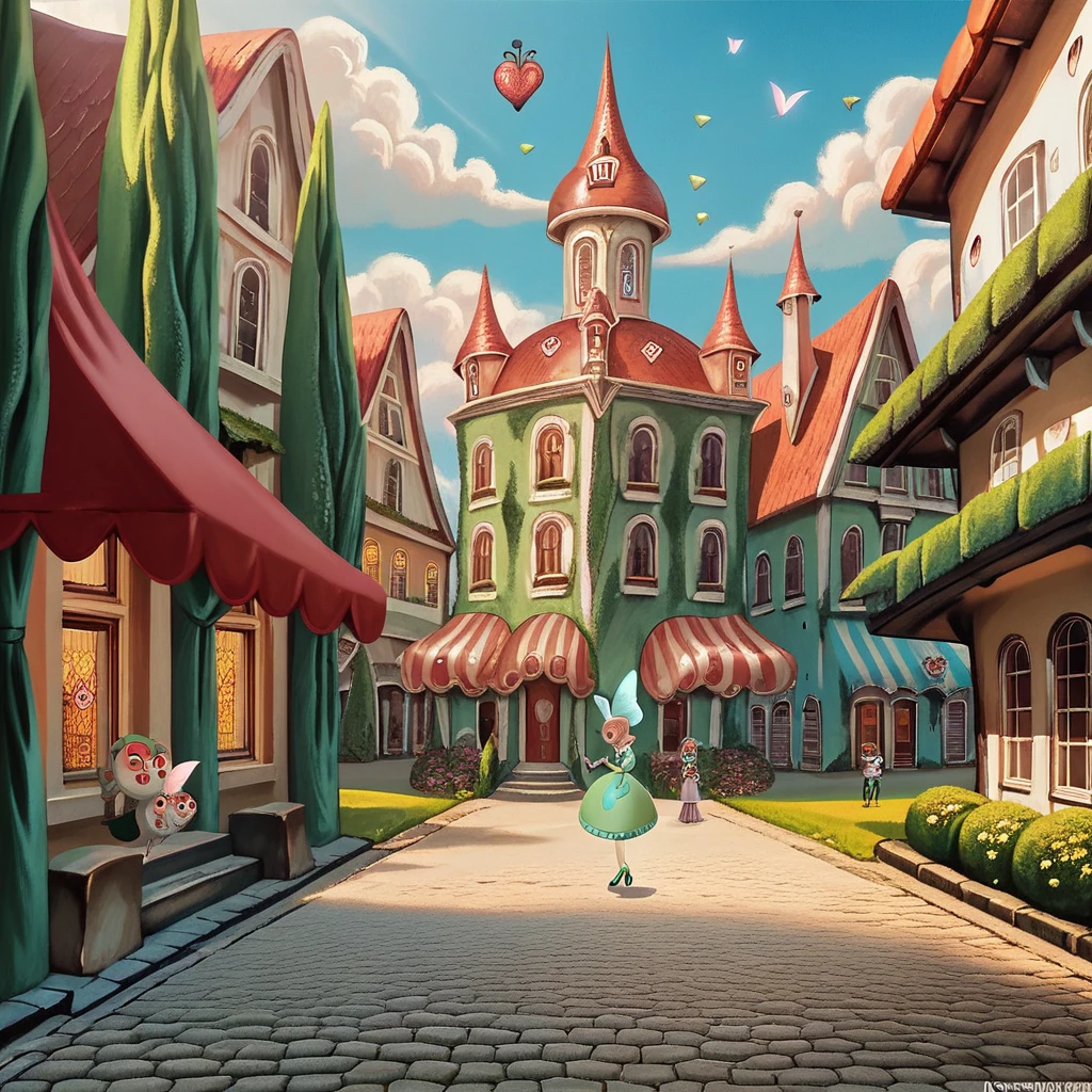 Vast overlook Wonderland sinuous intricate organic fairytown. By Tim Burton, Jacek Yerka, Alexander Jansson