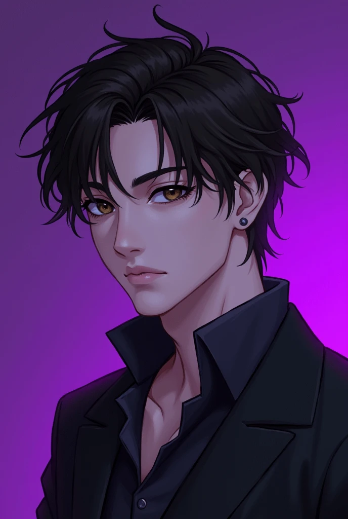 Purple background male character dark brown hair dark brown eyes white skin color 