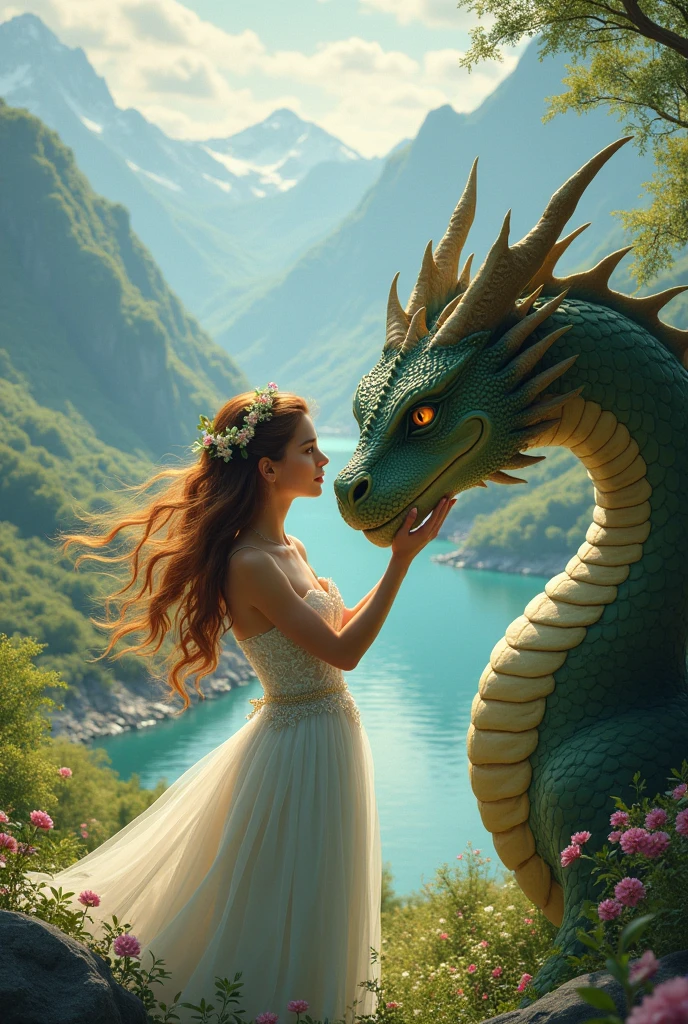 I want a princess and a dragon in a beautiful landscape and the princess and the dragon are friends and the princess is a beautiful young woman with honey brown hair, they are both adults who look more realistic.