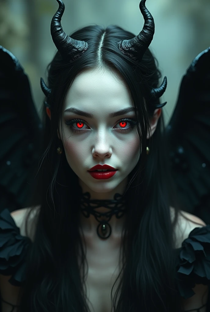 photorealistic, detailed portrait of a pale woman with horns, red glowing eyes, red lipstick, black wings, sinister smile, dark fantasy, dramatic lighting, highly detailed face, sharp focus, 8k, digital art, cinematic, mysterious, gothic, dark beauty