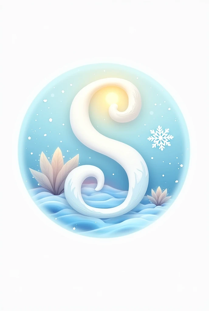 A letra "S" that starts from top to bottom in white and ends in light blue. On its upper right side is a light blue snowflake and on its lower left side is a sun.. And a light blue circle outlining all the elements. 
