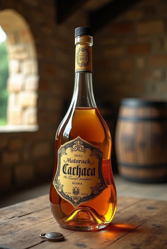 a bottle of cachaça from France, a beautiful bottle, with information, an angry bottle
