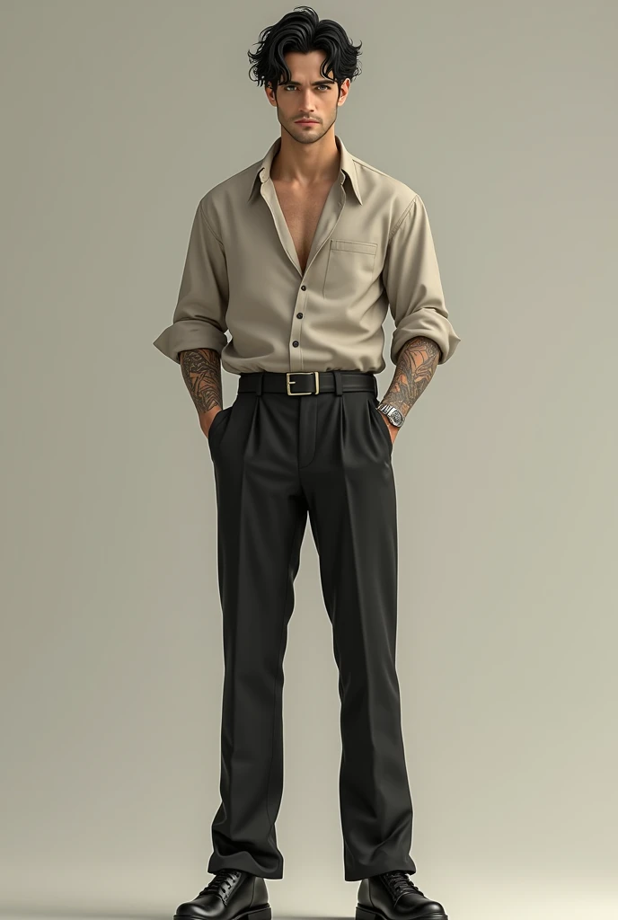 Create a man with the characteristics, most normal:
hair: Jet black, straight and slightly messy.
eyes: Intense greens, with an air of mystery.
face: attractive, with well-defined features and a serene expression.
height: very high, about 1.94 m.
outfit: Neutral tone shirt (like gray or white) and dark pants, with a minimalist and elegant style.
Posture: Upright and confident, but with a relaxed air.