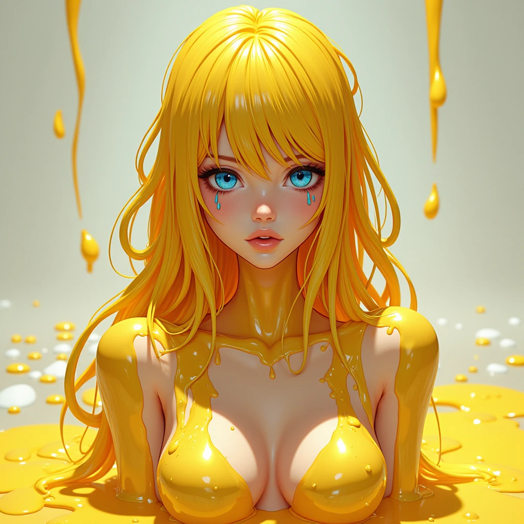 (hight resolution,masutepiece:1.2),Ultra-detailed,(Realistic:1.37),Portrait,Slime Girl,covered in orange slime, (partially transparent), (Wet with water), (orange sweat), A slimy orange liquid drips from the body.. Her hair is also covered in orange slime. orange slime splashing, orange color hair, Orange eyes