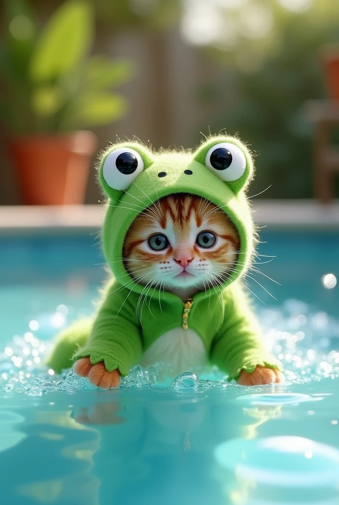 kitten cute Frog costume Pool background Real