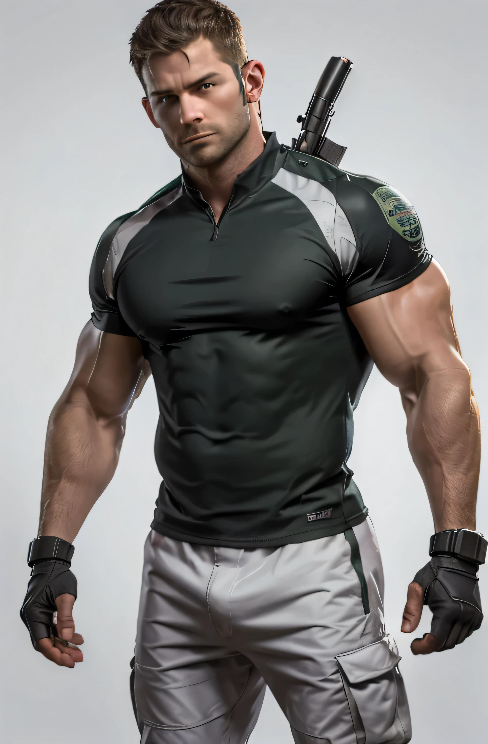 1 person, standing alone, looking 3, Chris Redfield, wearing a green t-shirt, serious face, looking at the camera, white shoulder，bsaa logo on shoulder, military tactics, Fixtures, (2 hands holding a pistol), tall and strong, bíceps, Abdominal muscles, 가슴, best qualityer, work of art, high resolution:1.2, upper-body shot, Pitch-black corridors，no back ground
