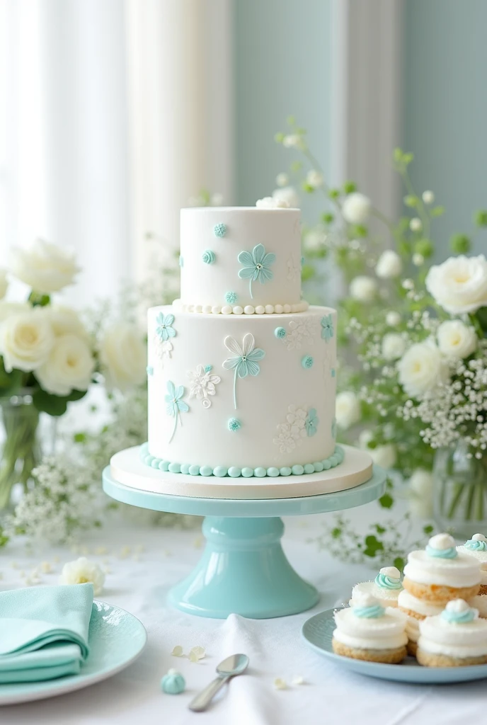 create a christening table with cake , flowers , white sweets with turquoise details