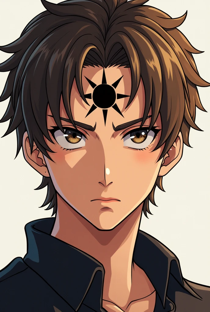 20 year old man drawn and animated with brown hair having light blonde highlights, has a dark black sign in the shape of a sun fused with a moon on his forehead, dark shaped eyes, male