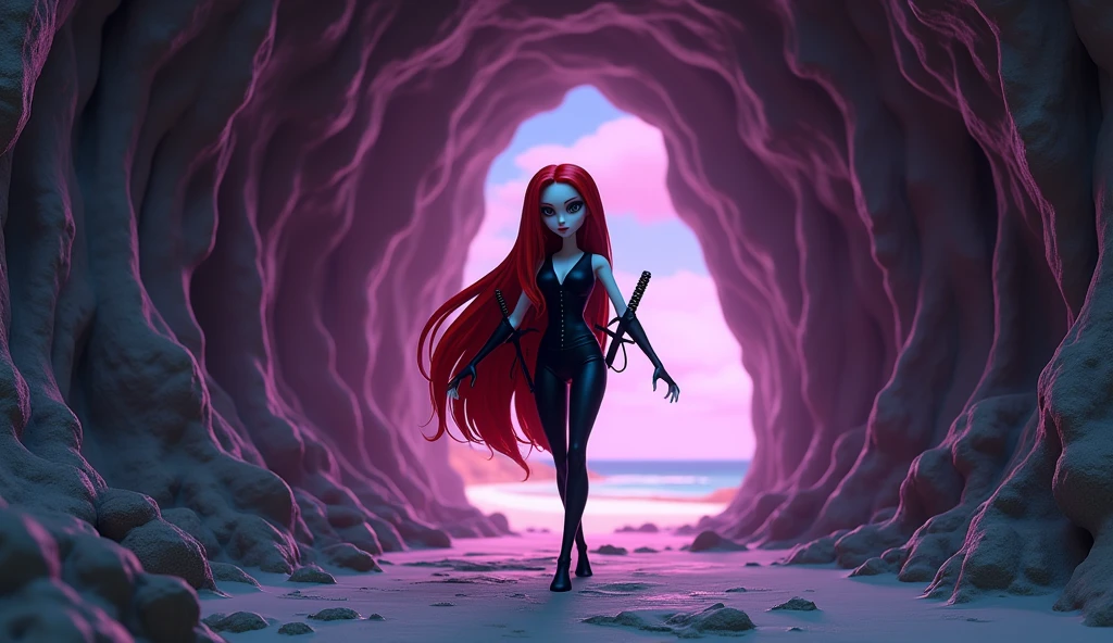Beautiful tall square Roblox female doll, with long red hair, gothic clothes and black shirt and tights on red legs with two katanas on the back and no lips, white skin, no mouth and beautiful body, dancing in a cave, cartoon, Vice City GTA, background of a beach in a cave