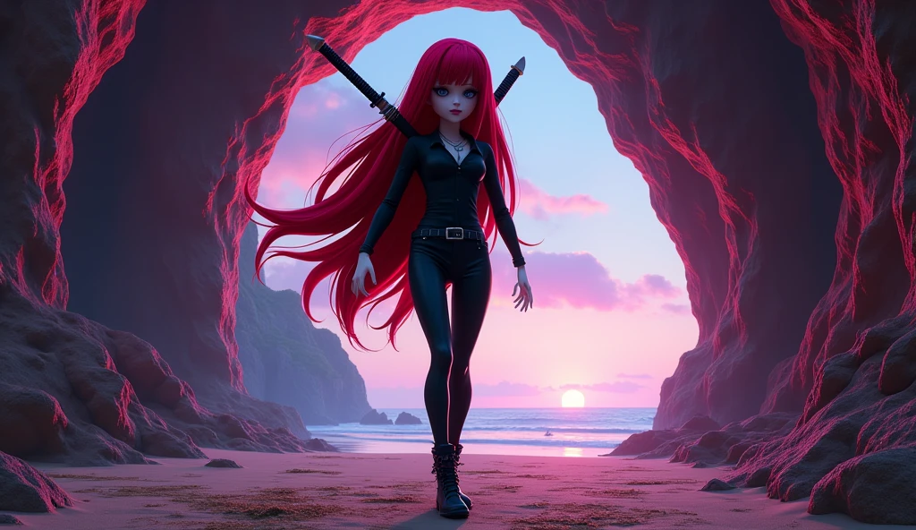 Beautiful tall square Roblox female doll, with long red hair, gothic clothes and black shirt and tights on red legs with two katanas on the back and no lips, white skin, no mouth and beautiful body, dancing in a cave, cartoon, Vice City GTA, background of a beach in a cave