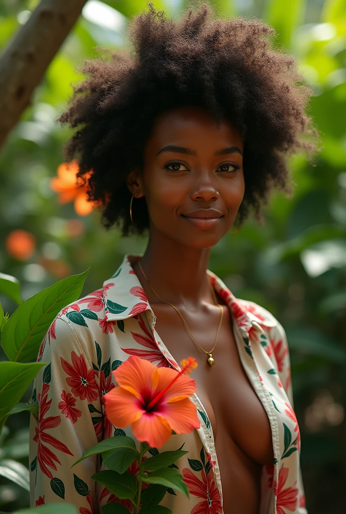 An Afro-Brazilian woman in a lush tropical garden, wearing an open shirt with a floral print, with a close-up capturing the harmonious beauty between her breasts and the natural flowers, showing off your natural charm and outgoing personality. With a hibiscus in hand