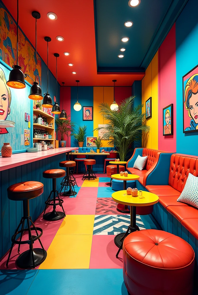 Create a cafe that has the style of the pop art movement
