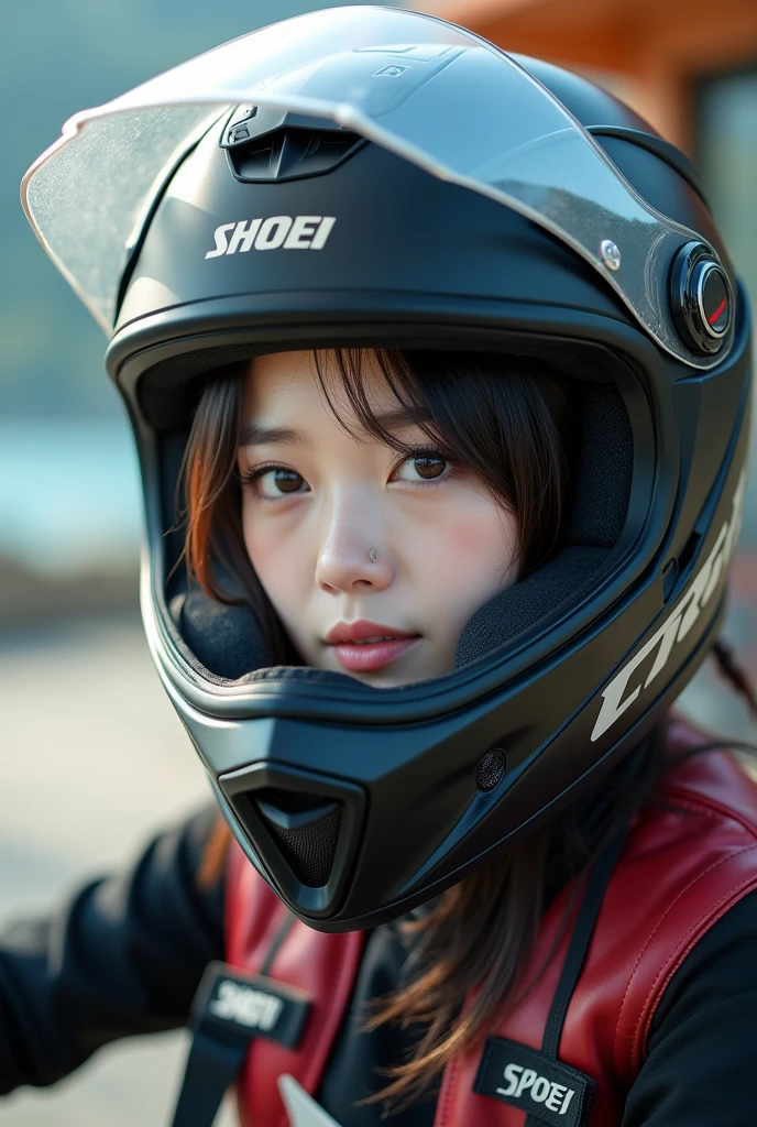 realistic, cinematic scene, very beautiful Japanese high school girl, about to Ride on a off-road motorcycle, in front of a trendy seaside cafe, dramatic scene, masterpiece, (face focus:1.3), clear helmet visor, beautiful eyes, Honda CRF250L off-road bike, Shoei off-road helmet, (wearing off-road rider's outfits), (shoot from side:1.3)
