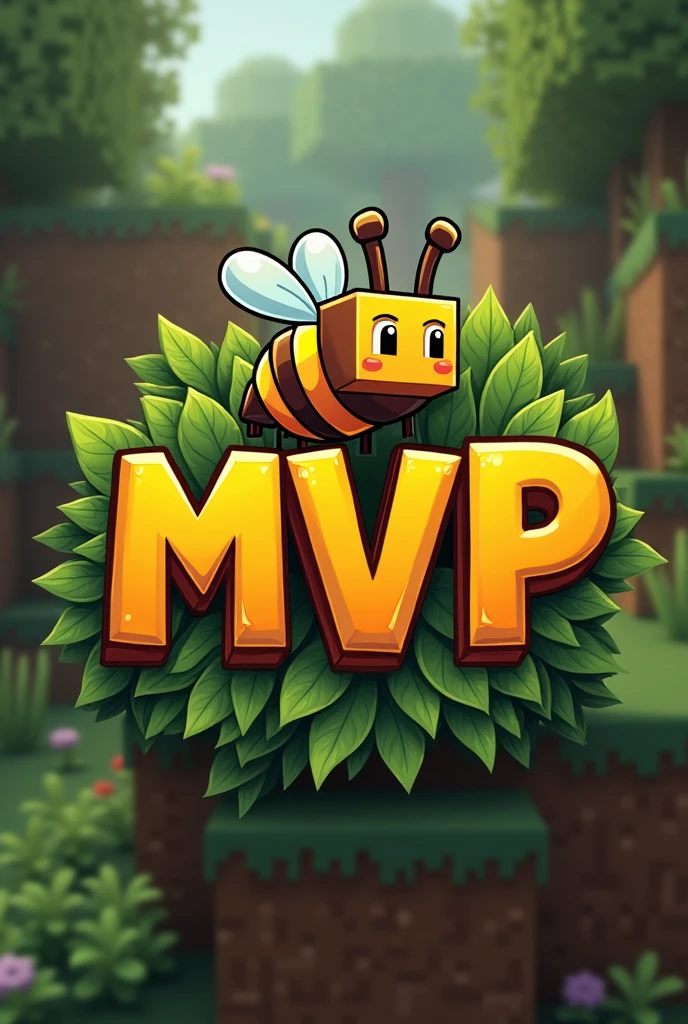 A emblem written "MVP'', with orange-yellow color minecraft theme with a minecraft bee