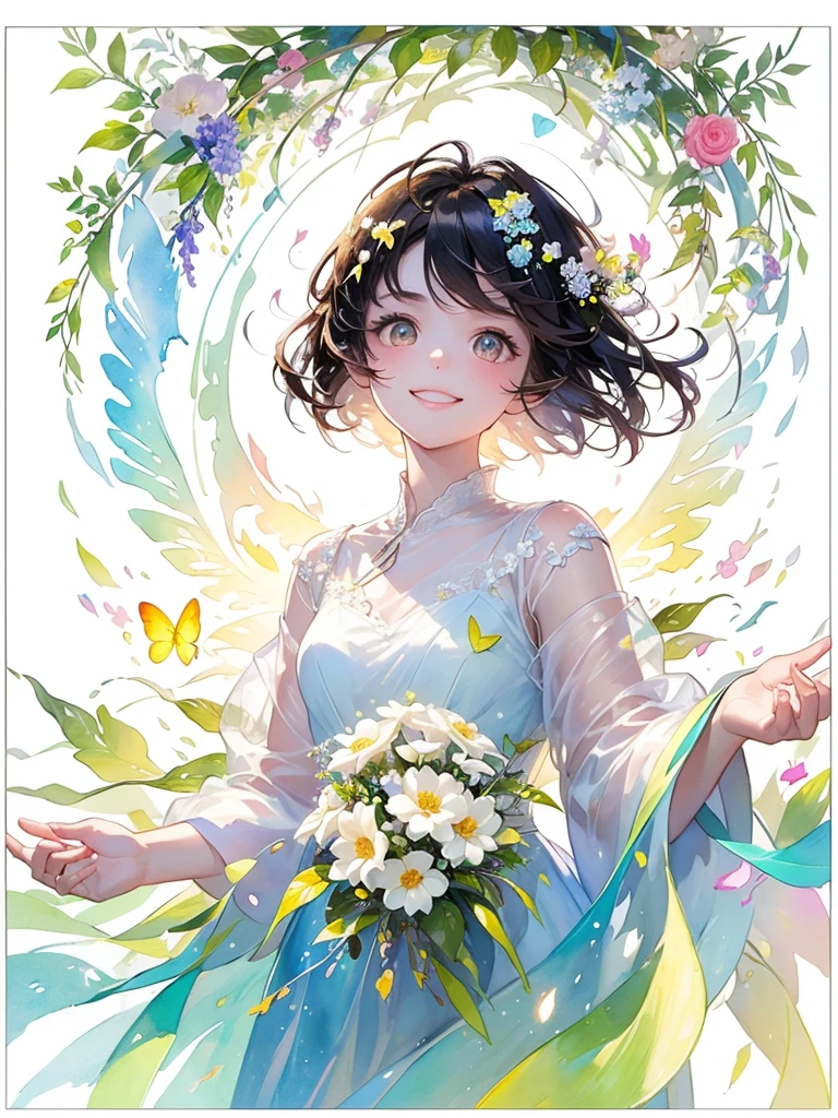 (masterpiece、highest quality、highest quality、Beautiful and beautiful:1.2)、Good anatomy、(Watercolor 1.5)、Composition looking up from a low position、Long Shot、Drawing of a girl with straight short hair、Beautiful smile、erfly Fairy Costume、pure white、pure、Charm、looking at the camera、Flowers and leaveint Green Wind、Botanical Art
