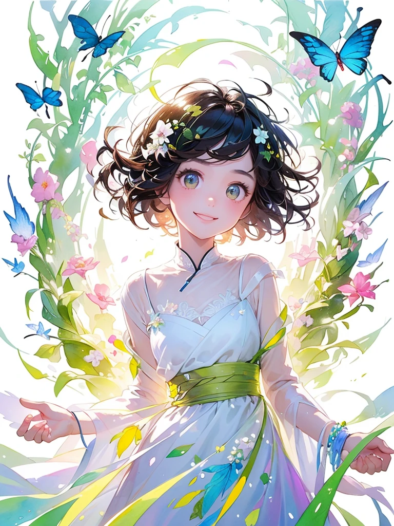 (masterpiece、highest quality、highest quality、Beautiful and beautiful:1.2)、Good anatomy、(Watercolor 1.5)、Composition looking up from a low position、Long Shot、Drawing of a girl with straight short hair、Beautiful smile、Butterfly Fairy Costume、pure white、pure、Charm、looking at the camera、Flowers and leaveint Green Wind、Botanical Art