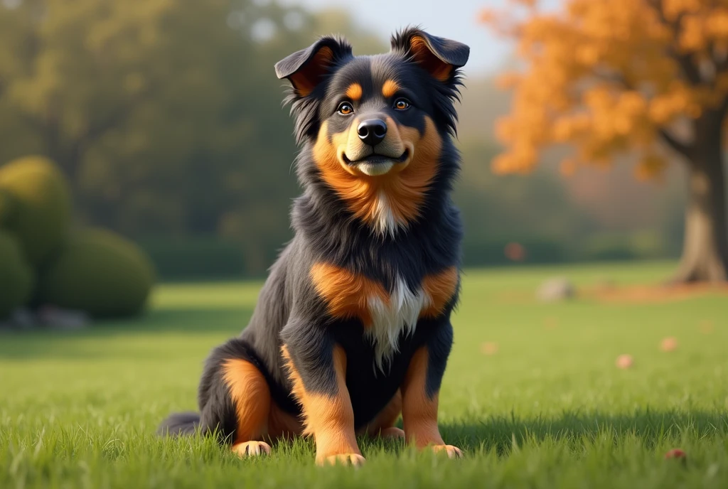 Prompt: A realistic looking dog, with expressive eyes and detailed fur that reflects light naturally. The dog is sitting in an outdoor environment, with green grass under their paws. The coat is rich in details, showing each thread and color variation, especially around the face and ears. His eyes shine with intelligence and loyalty, and your posture is alert, but friendly. Ao fundo, the scenery is blurred, highlighting the dog as the main focus of the image.