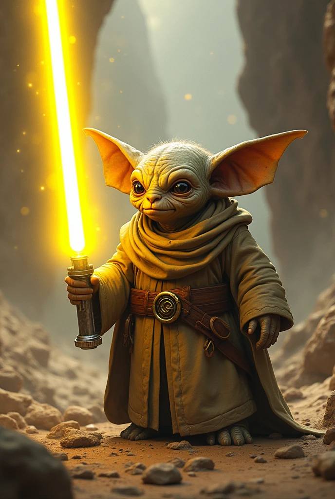 Create a Toydarian Jedi wielding a yellow lightsaber.