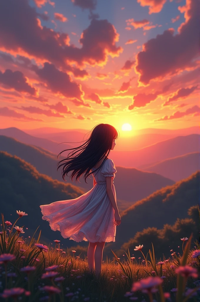 A black-haired girl in a cute dress looking at a landscape at sunset without looking at the camera