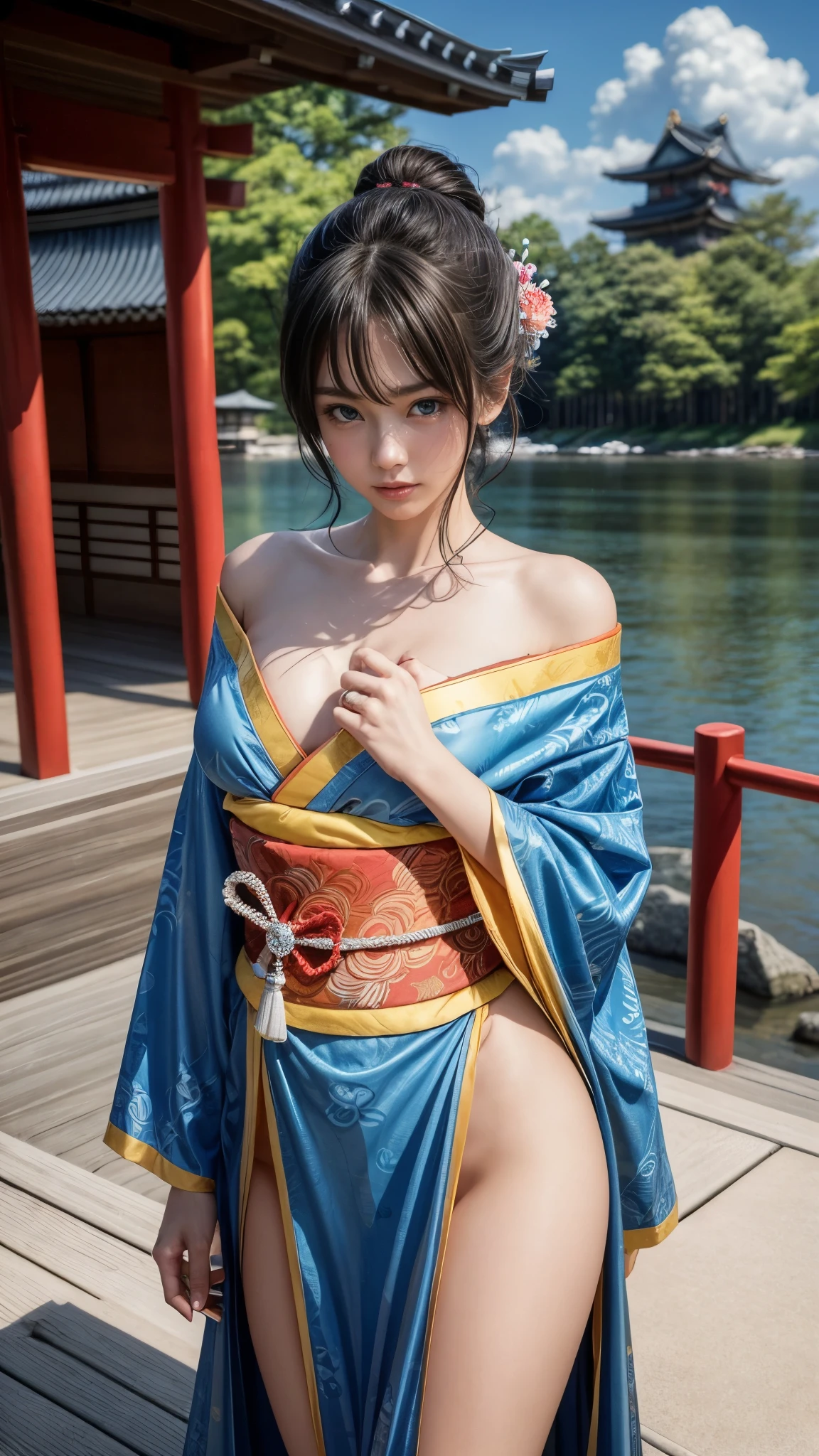 (RAW shooting:1.5, Photoreal:1.5, 8k, highest quality, masterpiece, ultra high resolution), Japan, world of magic and swords, perfect dynamic composition:1.2, Mysterious:1.3, Highly detailed skin and facial textures:1.3, cute and sexy slim female samurai, beautiful and aesthetic:1.2, cute and sexy beauty, perfect style, wear elaborate rings, Holding a Japanese sword:1.3, fire, water, wind, thunder, ice, Fair skin, very beautiful face, (Medium chest, Chest gap), (embarrassing smile, The expression on your face when you feel intense caress, Facial expression when feeling pleasure), (wear kimono sexy:1.1, off shoulder), (beautiful blue eyes, Eyes that feel beautiful eros:0.8), (Too erotic:0.9, Bewitching:0.9), full body shot, Japan castle in the background、(The perfectly correct hand:1.1), (Detailed eyes and face:1.2、Professional photography techniques), ((Tiny and slim waist:1.2))、(Slender body line)、(Perfect Anatomy:1.2)