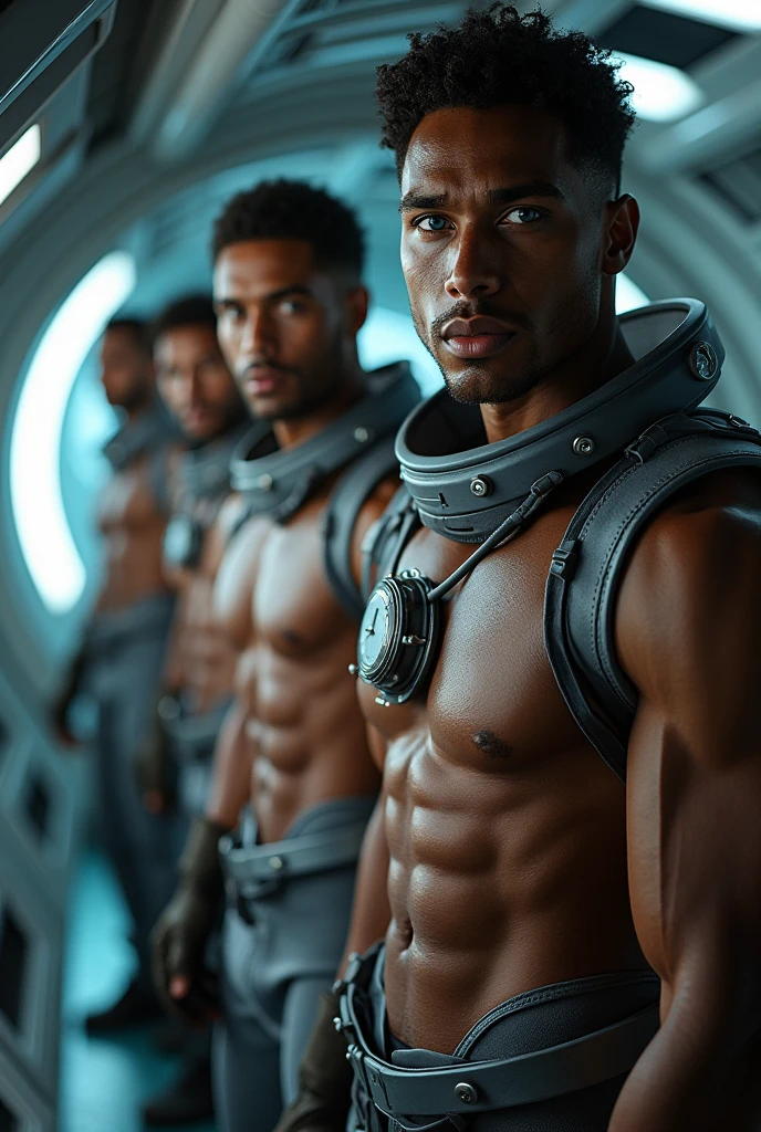 a group of muscular Brazilian man with beautiful detailed eyes, beautiful detailed big lips, extremely detailed face, blue eyes,chiseled abs, hairy chest, short black hair, wearing a space suit, spaceship background , dramatic lighting, photorealistic, ultra-detailed, 8k, best quality, masterpiece