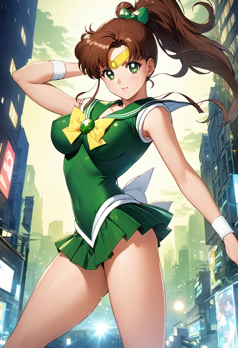 masterpiece, Highest quality, High resolution, ((Sailor Jupiter)),1990s \(style\),、(E-cup beautiful breasts)、tall、Hosomi、sexy、Anime-style painting style,Brown Hair、ponytail、A composition that shows the whole body、Composition from the front、The background is the city、A dynamic pose、Glowing Skin