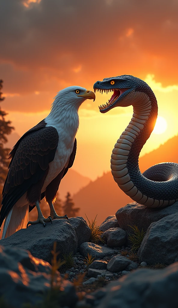 This is a digital image of a white-toothed eagle walking on rocky ground. And the snake is facing the right side of the picture with its mouth wide open, emitting sharp teeth and sharp claws. And its eyes are yellow. The background is a dark orange sky from sunset. The land is covered with rocks and boulders and there are some trees and mountains in the distance. The general feeling of the image is fierce and powerful.
