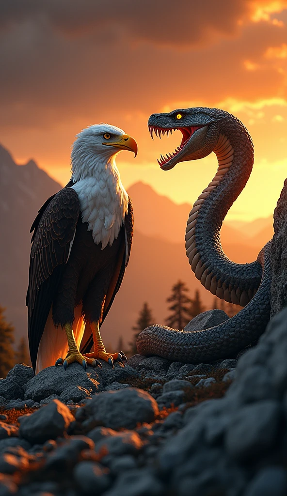 This is a digital image of a white-toothed eagle walking on rocky ground. And the snake is facing the right side of the picture with its mouth wide open, emitting sharp teeth and sharp claws. And its eyes are yellow. The background is a dark orange sky from sunset. The land is covered with rocks and boulders and there are some trees and mountains in the distance. The general feeling of the image is fierce and powerful.
