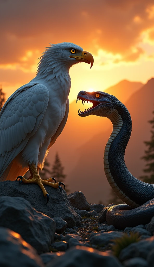 This is a digital image of a white-toothed eagle walking on rocky ground. And the snake is facing the right side of the picture with its mouth wide open, emitting sharp teeth and sharp claws. And its eyes are yellow. The background is a dark orange sky from sunset. The land is covered with rocks and boulders and there are some trees and mountains in the distance. The general feeling of the image is fierce and powerful.