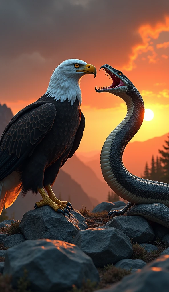 This is a digital image of a white-toothed eagle walking on rocky ground.   And the snake is facing the right side of the picture with its mouth wide open, emitting sharp teeth and sharp claws.   And its eyes are yellow.   The background is a dark orange sky from sunset.   The land is covered with rocks and boulders and there are some trees and mountains in the distance.   The general feeling of the image is fierce and powerful.