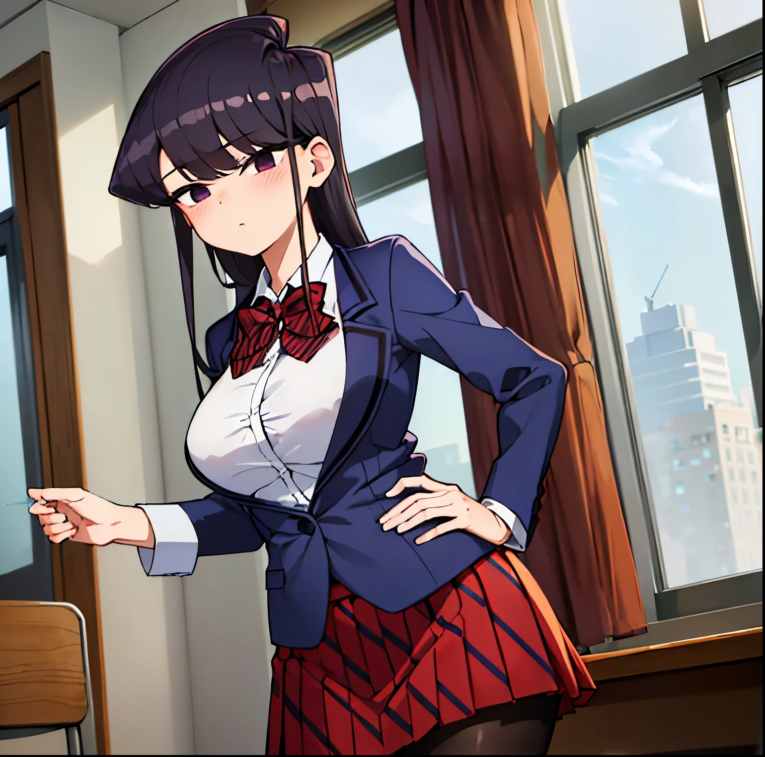 ((1girl)),((alone)),komi shouko,(masterpiece), (best quality), (ultra detailed), (best illustration), (best shadow), (absurdities), sharp focus, cowboy shot ,dynamic pose looking at viewer, big breasts, narrow waist, wide hips, medium thighs, round butt, dynamic posture, long hair, black hair, purple eyes, , black pantyhose, jacket, blue jacket, open jacket, blush, bow , bow tie, closed mouth, collared shirt, custom, cowboy shot, diagonal striped skirt, pleated skirt, red bow, red bow tie, red skirt, shirt, skirt, only, striped, striped bow, striped bow tie, striped skirt, swept bangs, white shirt , calm look, closed mouth, serious expression, (sexy pose: 1.2), ((solo)), standing: 1.3, indoor, school, classroom, desks, desk, window, dusk, looking forward , ((focus on hips), point of view (from below), red blush, perfect anatomy, perfect hands.