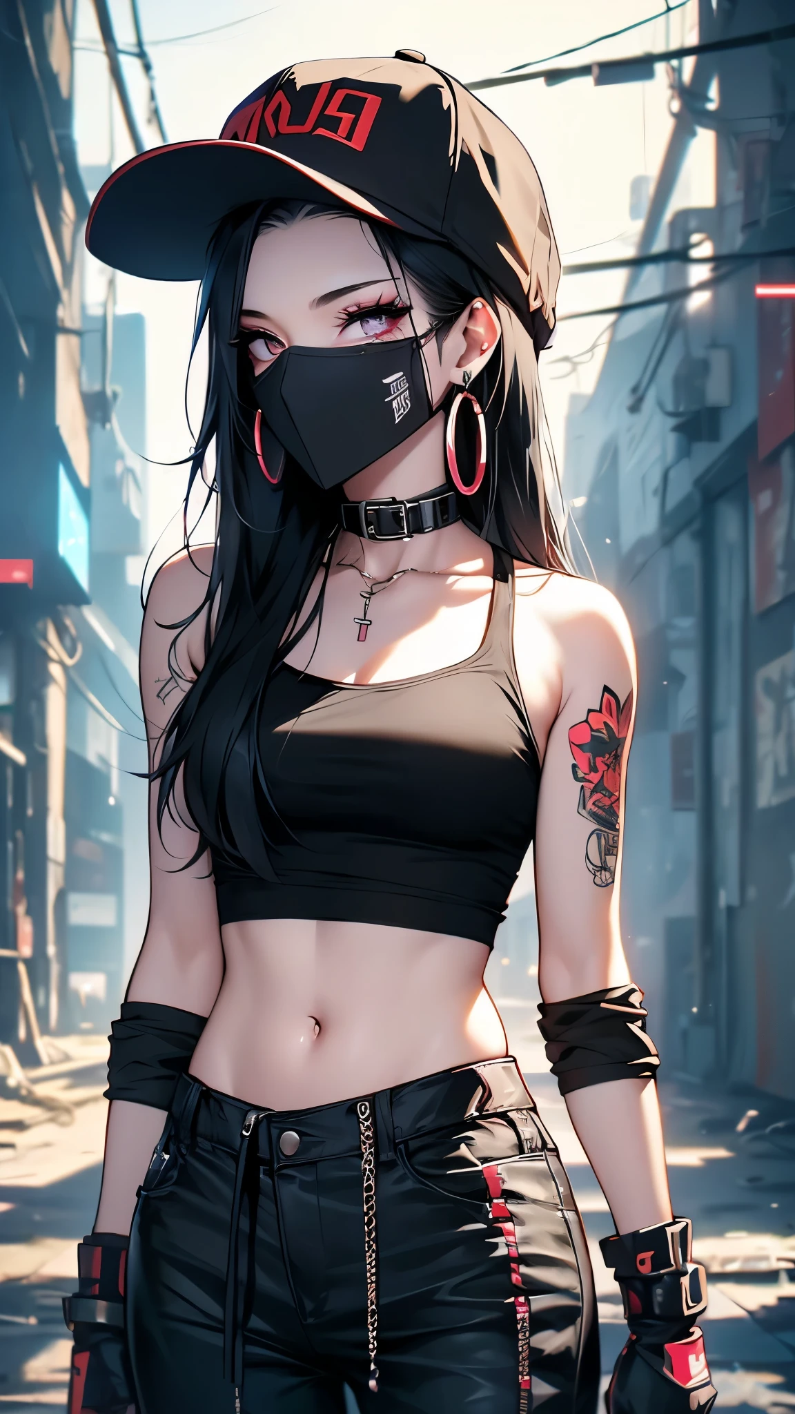 A glitchy, cyberpunk girl with a blurry background, wearing a mask over her mouth, a baseball cap, and multiple tattoos on her shoulder, arm, neck, and stomach. She has long black hair, piercings in her ears and navel, and is wearing a tank top, pants, and black gloves. There is depth of field, with a blurred foreground, and she is looking directly at the viewer, chewing gum. Her clothes have writing on them, and she is wearing a red headpiece and jewelry such as hoop earrings and a cross earring. The image has an overall blurry, glitchy, and cyberpunk aesthetic.