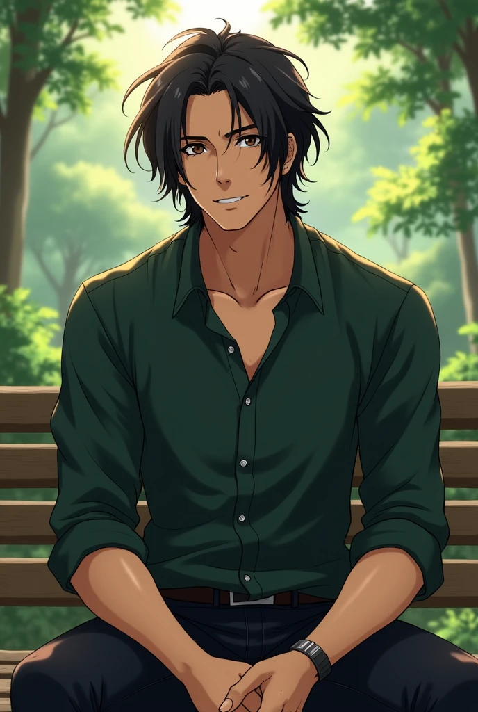 A man of medium height with long wavy hair down to the coast with a dark green shirt and black jeans with a calm look, his eyes are dark brown and his mouth is well drawn sitting on a bench with brown skin without a beard in the anime style
