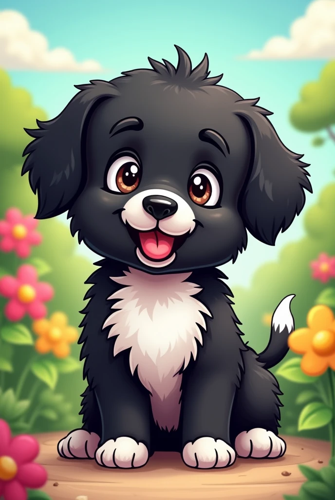 Black haired white chest baby puppy in cartoon with the name Salem