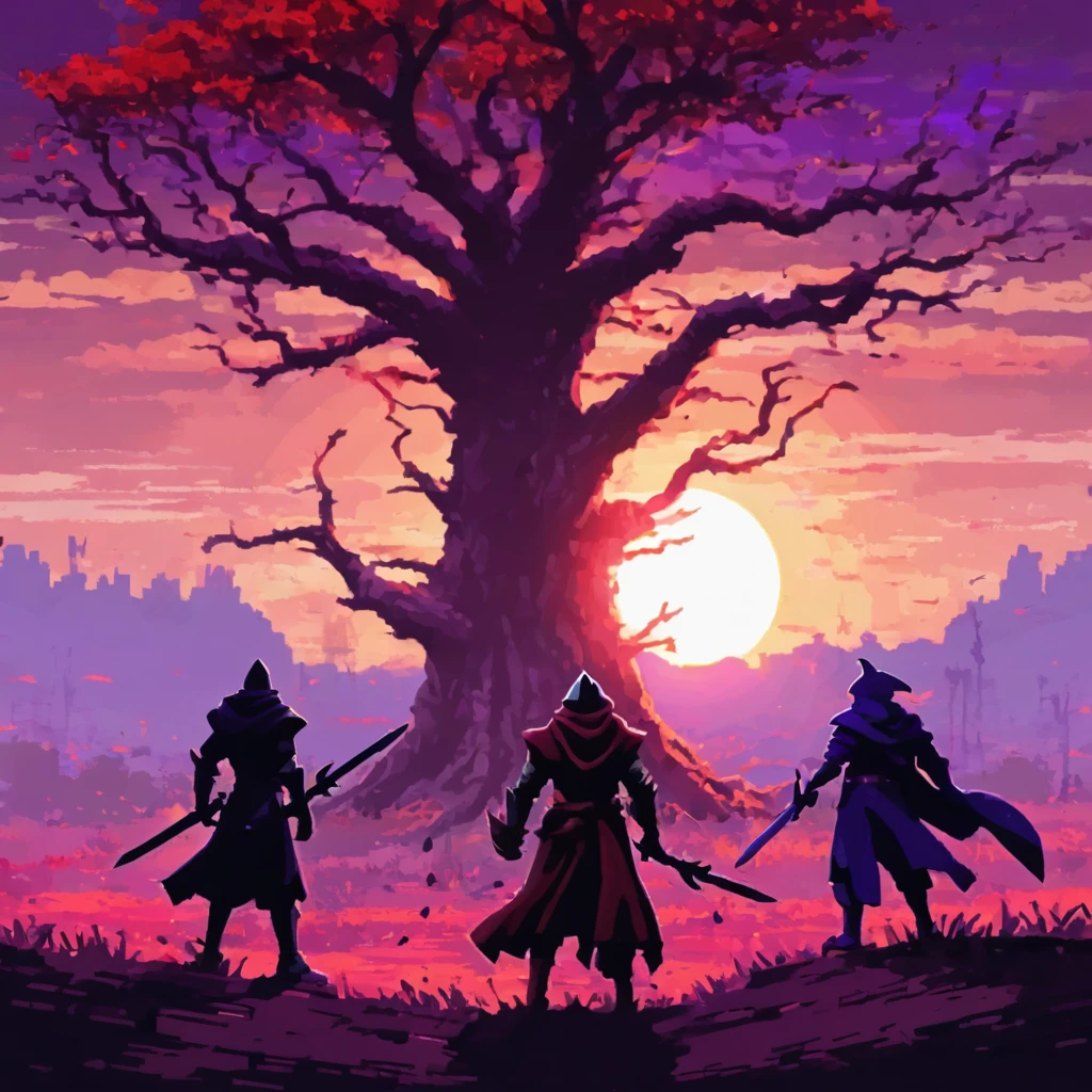 action movie shot, four heroes from the back, red knight, black mage, white healer, purple assassin, cartoonish pixel style, no face details, large tree in the background, dynamic poses, intense atmosphere, vibrant colors, sunset colors, dramatic lighting, [heroic silhouettes], [adventurous setting], [epic backdrop], [action-packed scene], [strong composition]